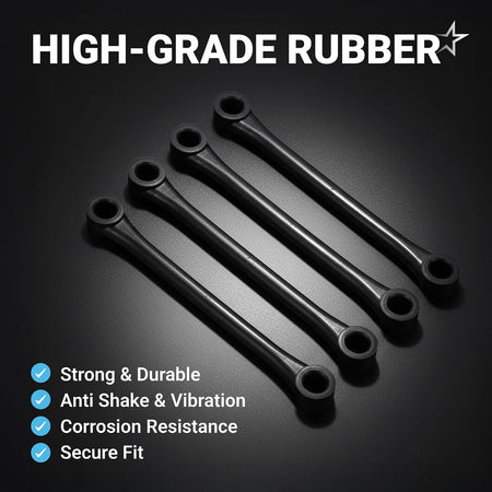 WH1X2727 Washer Dampening Strap, four black rubber straps displayed with high-grade rubber and durability callouts
