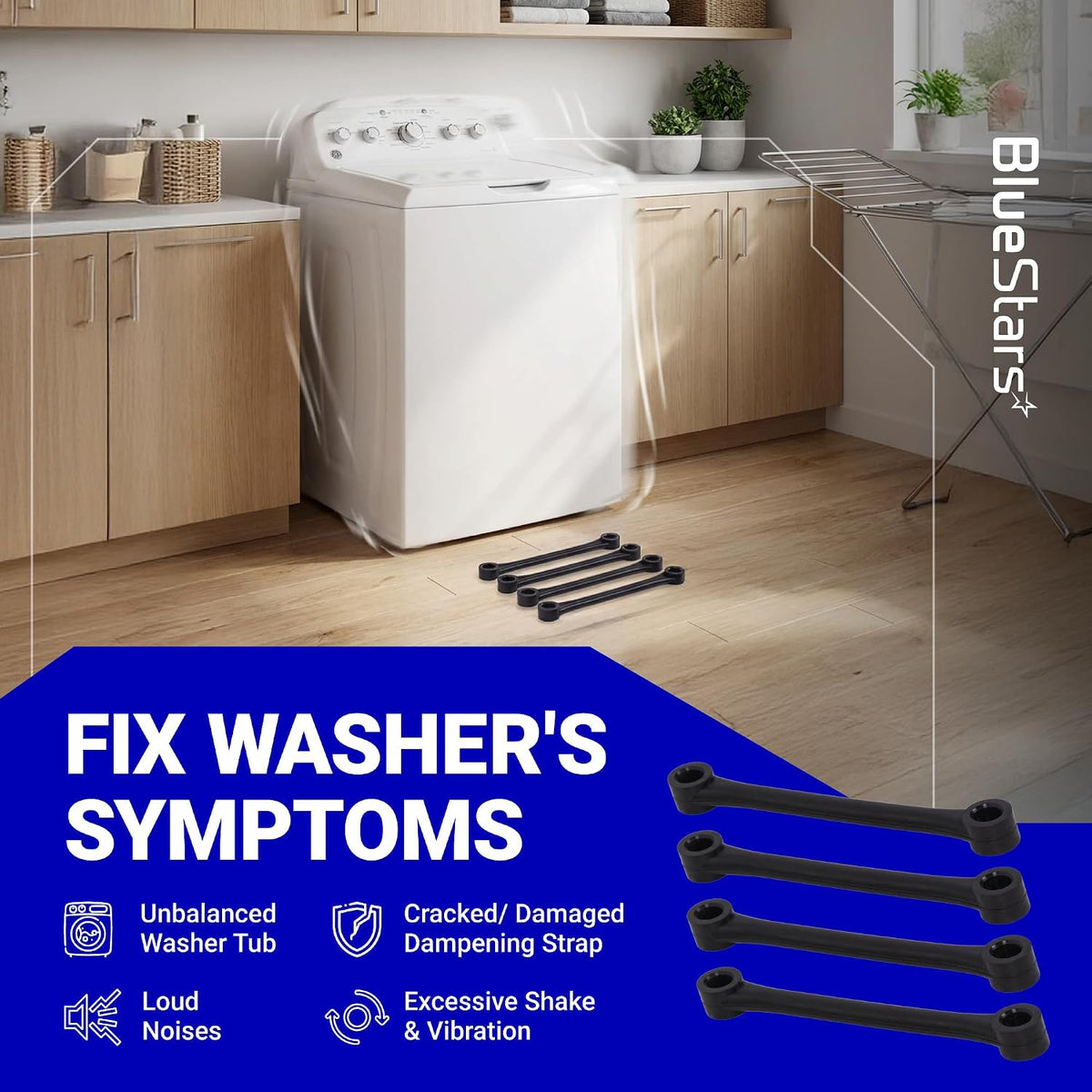 WH1X2727 Washer Dampening Strap, four black straps shown with a top-load washer and symptom callouts