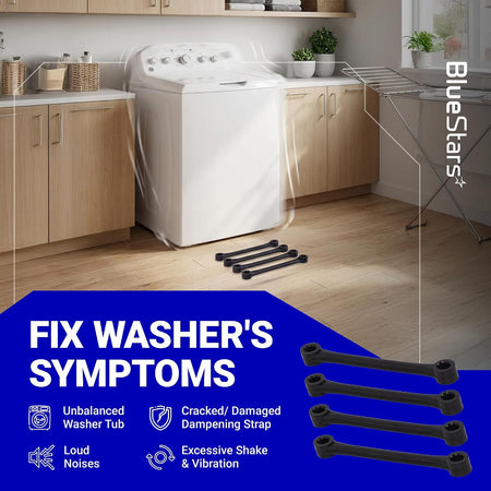 WH1X2727 Washer Dampening Strap, four black straps shown with a top-load washer and symptom callouts