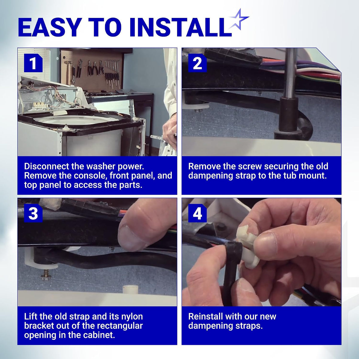 WH1X2727 Washer Dampening Strap four-step installation instructions with washer access and strap replacement