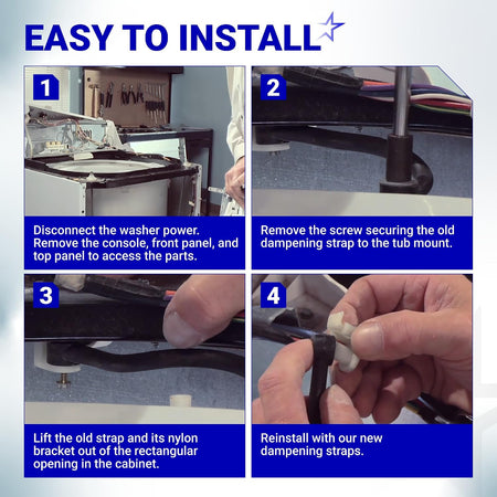 WH1X2727 Washer Dampening Strap four-step installation instructions with washer access and strap replacement