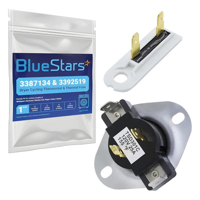 BlueStars dryer cycling thermostat 3387134 and thermal fuse 3392519 replacement kit with packaging.
