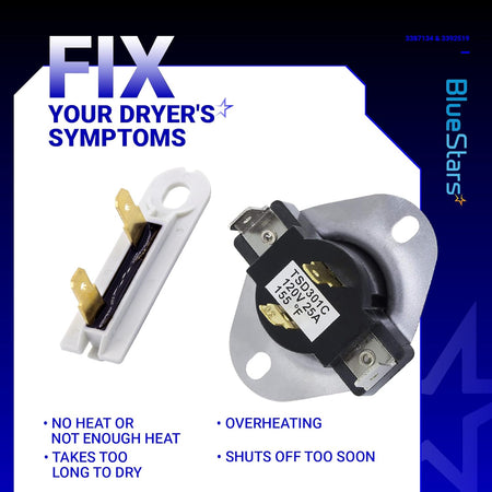 Dryer cycling thermostat and thermal fuse replacement kit for Whirlpool and Kenmore dryers.