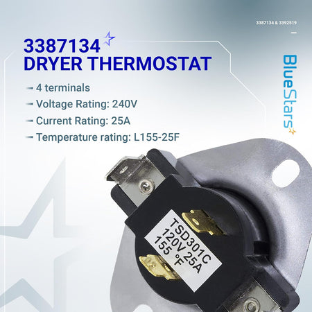 3387134 dryer cycling thermostat replacement part with 4 terminals and mounting bracket.