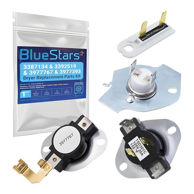 BlueStars dryer replacement parts kit including thermostats, thermal fuse, and cut-off switch for Whirlpool and Kenmore.
