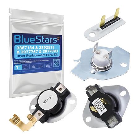 BlueStars dryer replacement parts kit including thermostats, thermal fuse, and cut-off switch for Whirlpool and Kenmore.