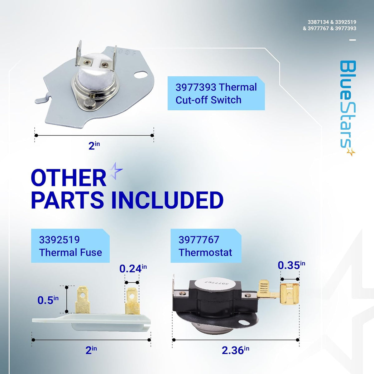 3977393 thermal cut-off switch, 3392519 thermal fuse, and 3977767 thermostat kit for Whirlpool and Kenmore dryers.