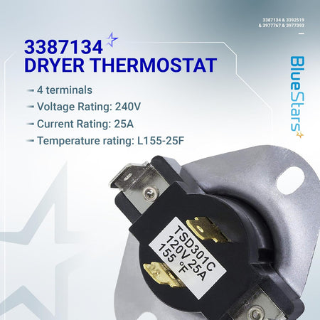 3387134 cycling thermostat for Whirlpool, Kenmore, and Maytag dryers with 4 terminals and L155-25F rating.