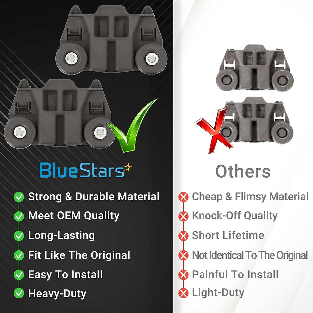 Comparison chart showing W10195417 dishwasher lower rack wheel quality versus generic alternatives.