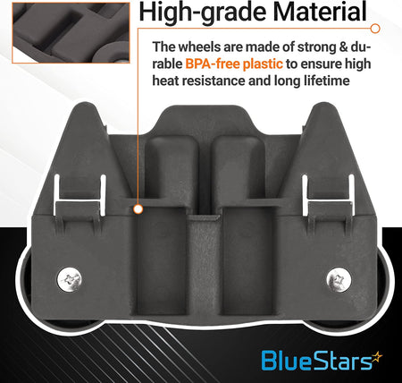 W10195417 dishwasher lower rack wheel assembly with durable plastic housing and steel screws.