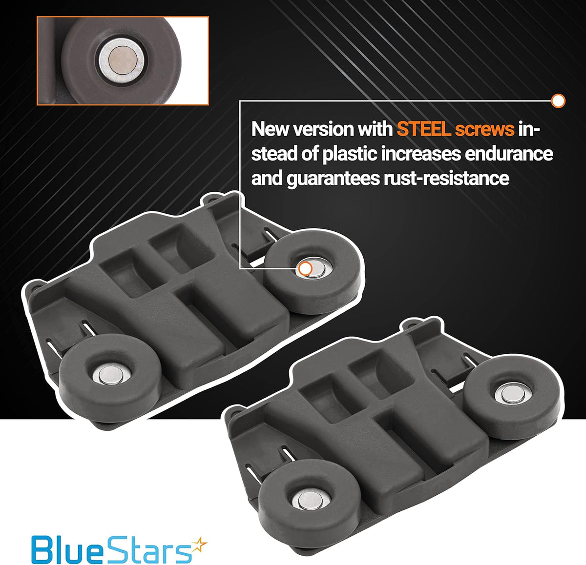 Two W10195417 dishwasher lower rack wheel assemblies featuring upgraded rust-resistant steel screws.