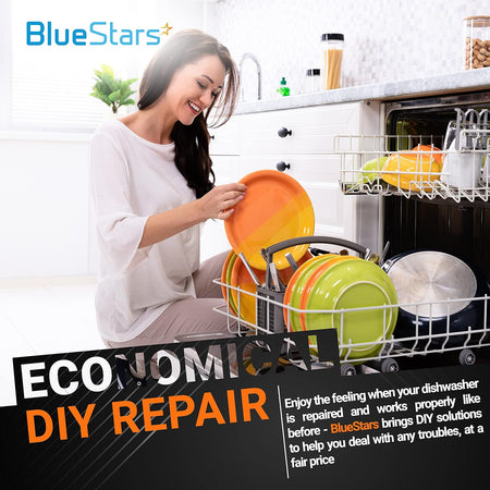 Woman loading a dishwasher with a lower rack repaired using W10195417 replacement wheels.