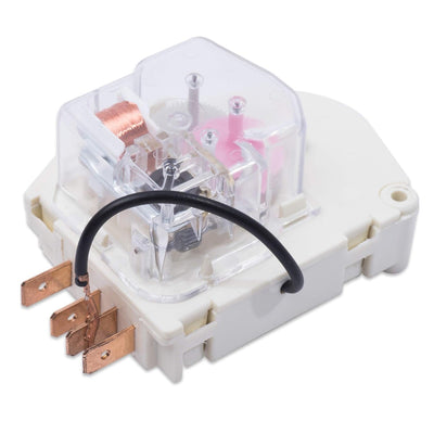 W10822278 refrigerator freezer defrost timer replacement with clear plastic cover and copper terminals.