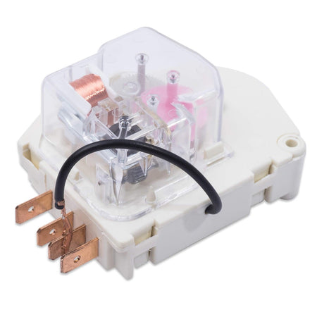 W10822278 refrigerator freezer defrost timer replacement with clear plastic cover and copper terminals.
