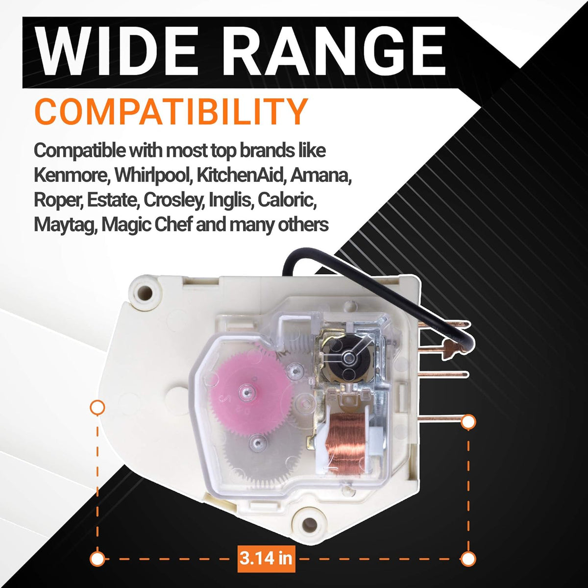 W10822278 refrigerator defrost timer showing 3.14 inch width and wide brand compatibility chart.