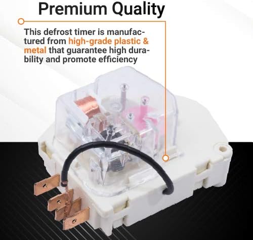 W10822278 refrigerator defrost timer replacement with clear casing and metal terminals.