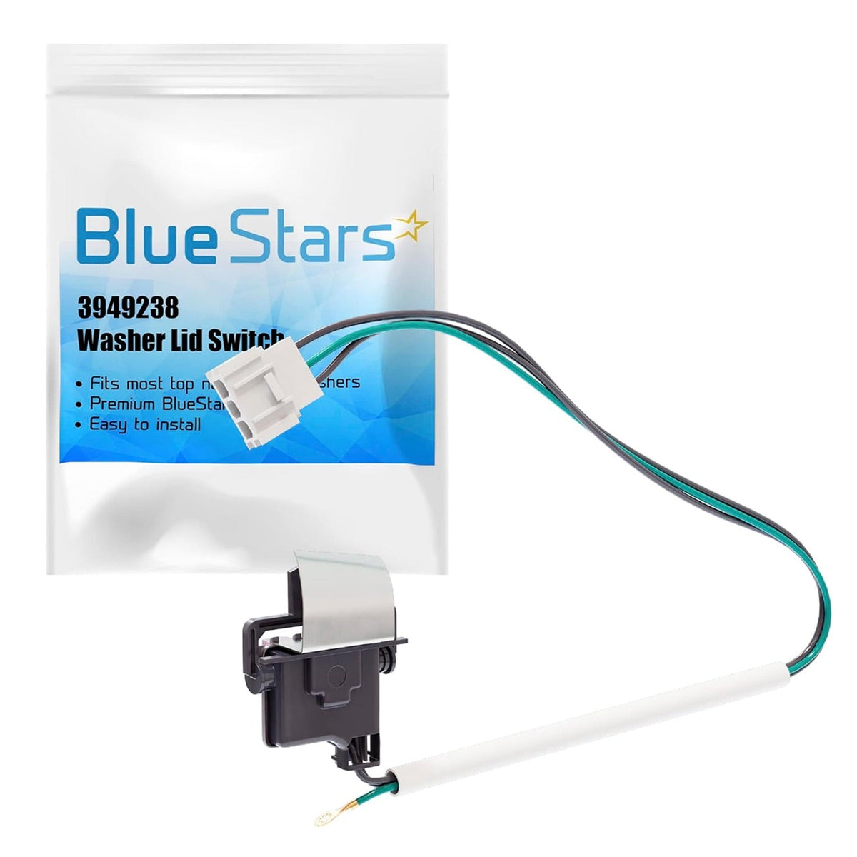 3949238 washer lid switch replacement for Whirlpool and Kenmore in Blue Stars branded packaging.