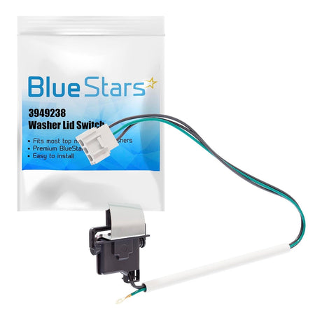 3949238 washer lid switch replacement for Whirlpool and Kenmore in Blue Stars branded packaging.