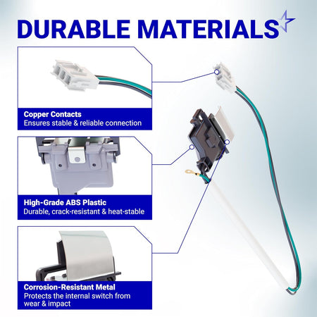 3949238 Washer Lid Switch, durability diagram showing copper contacts, ABS plastic housing, and corrosion-resistant metal