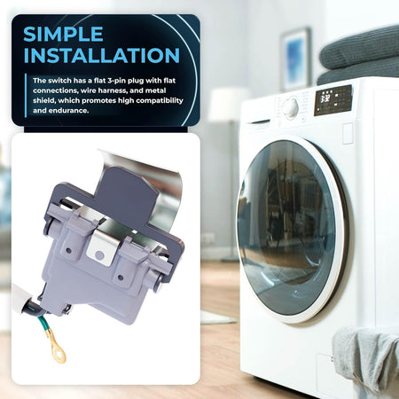 3949238 washer lid switch with wire harness and metal shield shown next to a washing machine for installation guide.