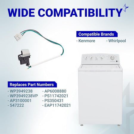 3949238 Washer Lid Switch shown beside a top-load washer with compatible brands and replacement part numbers