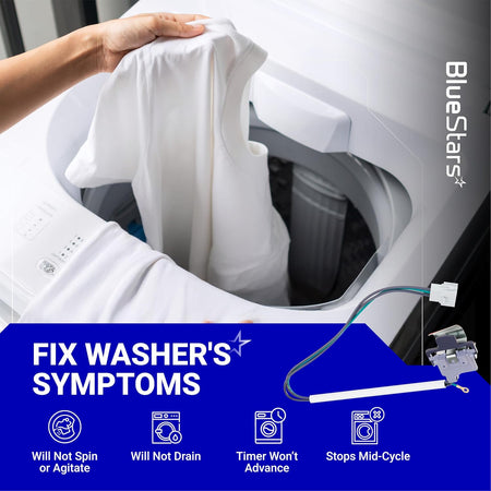 3949238 Washer Lid Switch, promotional graphic showing a washer with laundry, symptom icons, and the switch pictured