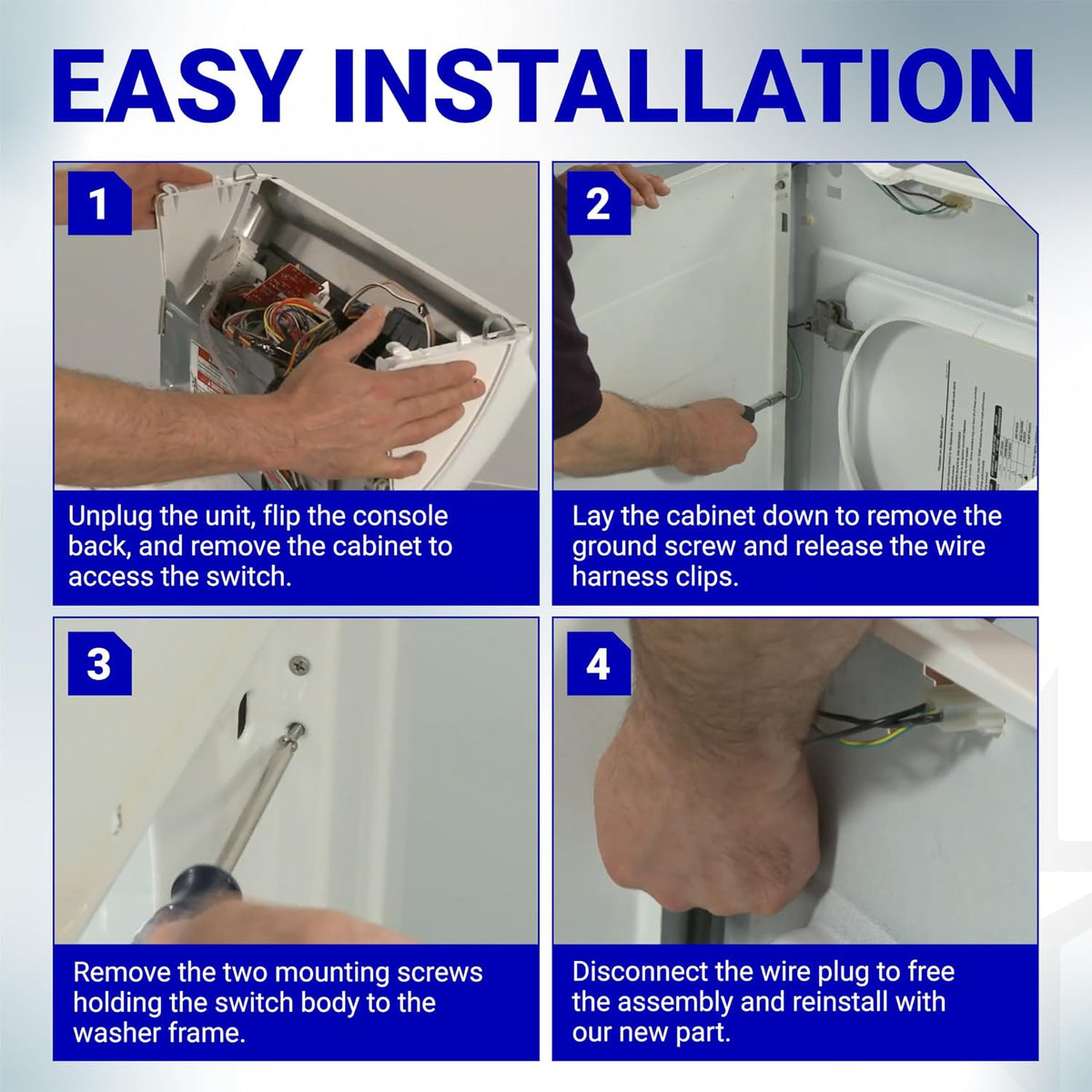 3949238 Washer Lid Switch, four-step installation graphic showing washer cabinet access and switch removal