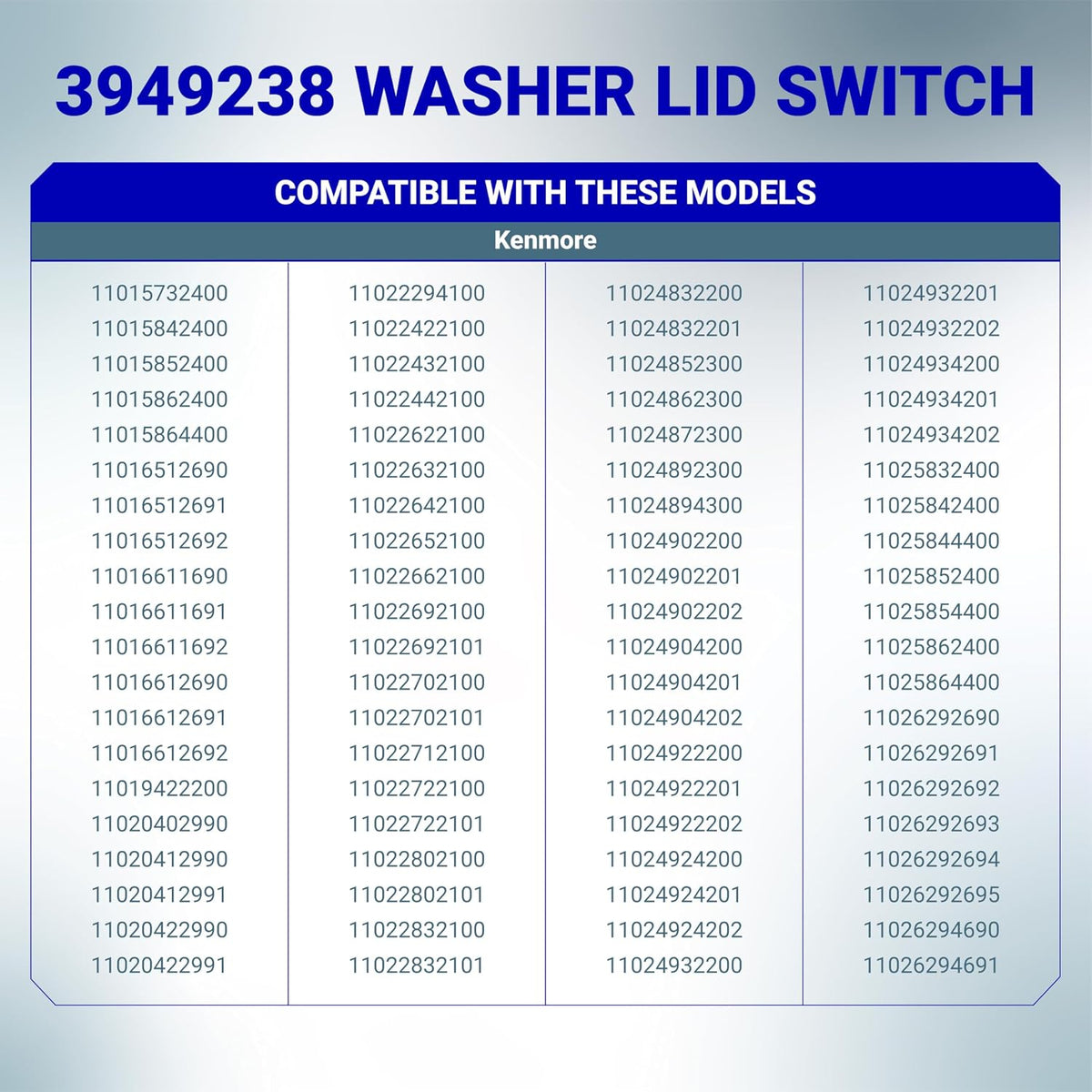 3949238 Washer Lid Switch compatibility chart listing Kenmore model numbers