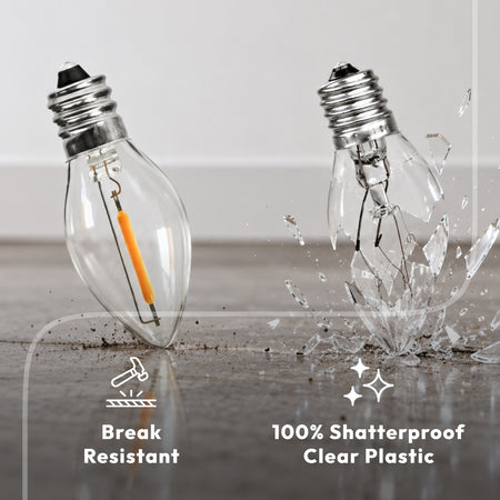 Shatterproof clear plastic C7 LED replacement bulb squeezed by hand to show break resistant quality