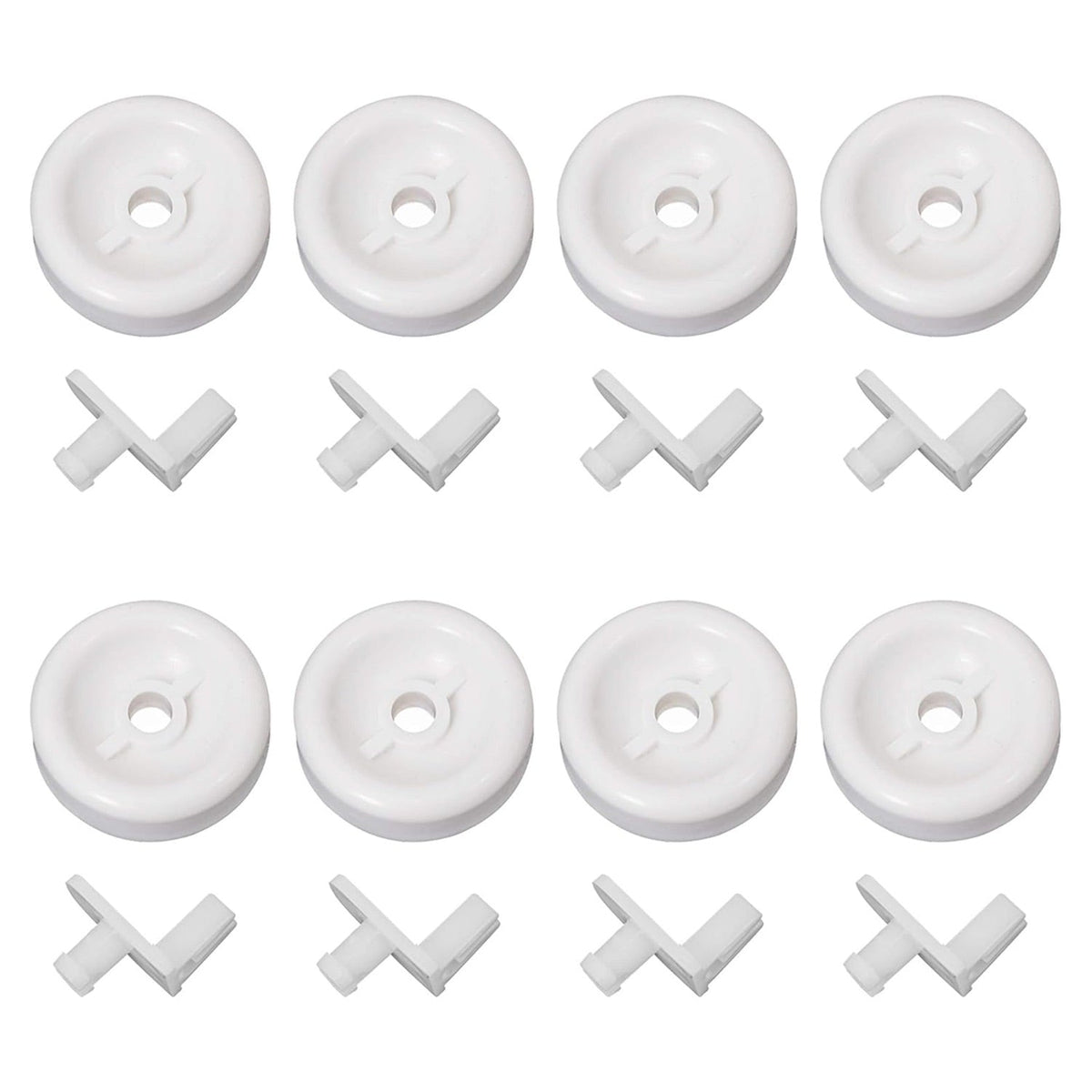 Pack of 8 white dishwasher lower rack wheels and mounting studs for GE and Kenmore dishwashers.