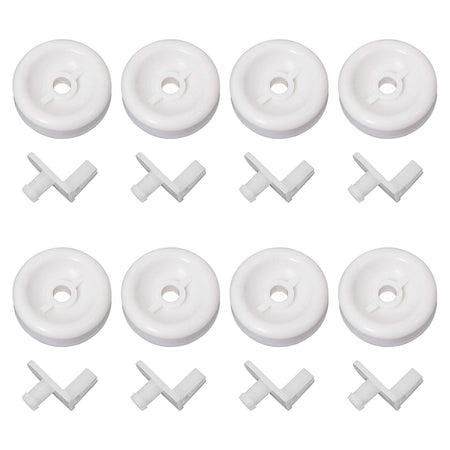 Pack of 8 white dishwasher lower rack wheels and mounting studs for GE and Kenmore dishwashers.