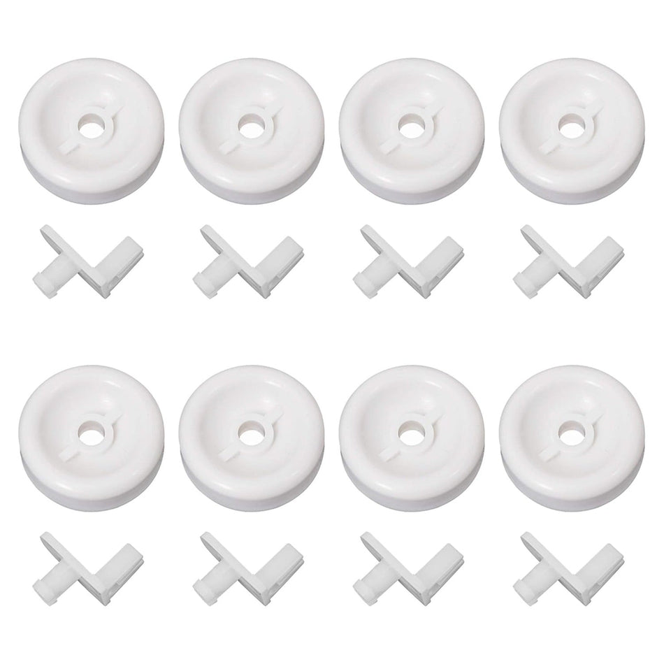 Pack of 8 white dishwasher lower rack wheels and mounting studs for GE and Kenmore dishwashers.