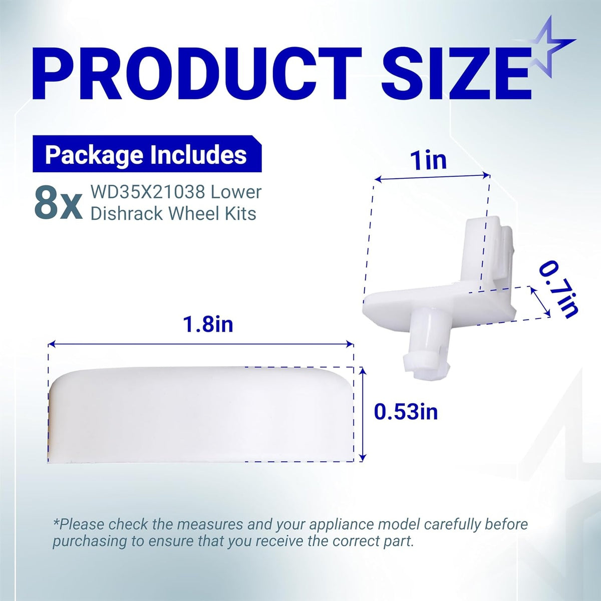 Dimensional diagram showing measurements for WD35X21038 dishwasher lower rack wheel and stud replacement part.