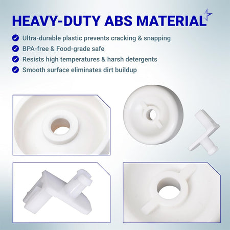 Close-up views of WD35X21038 dishwasher lower rack wheels and studs made of heavy-duty ABS material.