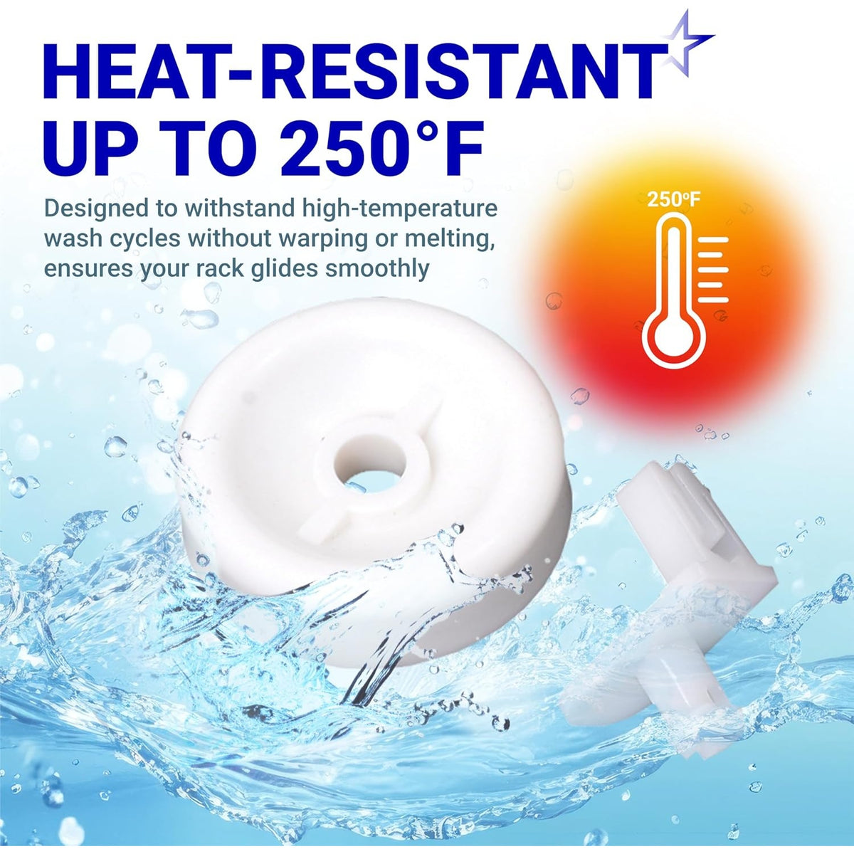 Heat-resistant dishwasher lower rack wheel and stud replacement for GE and Kenmore, rated up to 250°F.