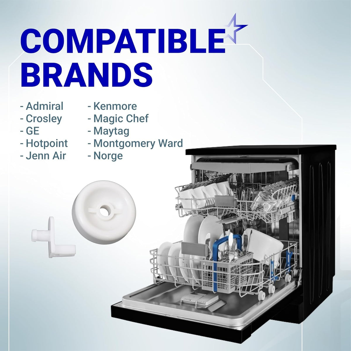 WD35X21038 dishwasher lower rack wheel and stud compatibility chart showing compatible appliance brands.