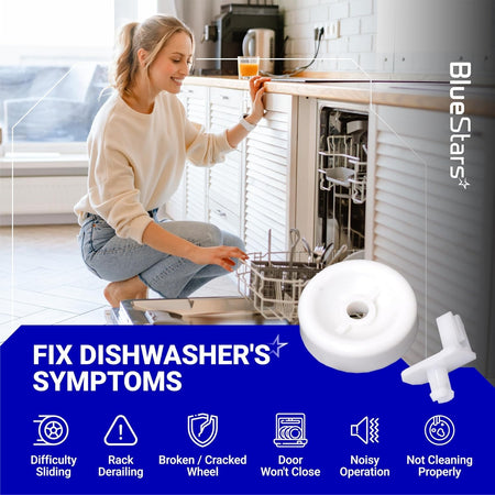 Woman kneeling by a dishwasher with a graphic showing WD35X21038 lower rack wheel and stud replacement parts.