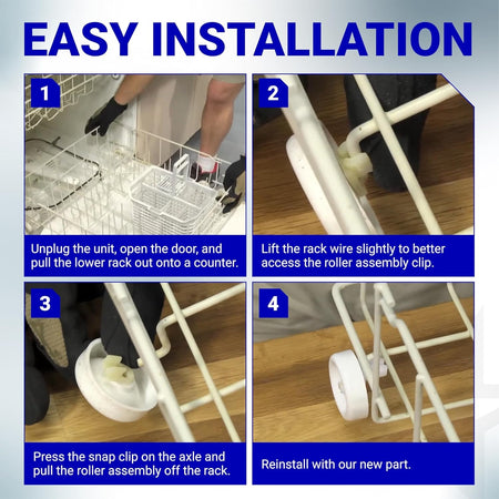 Four-step installation guide for replacing WD35X21038 dishwasher lower rack wheels and studs.
