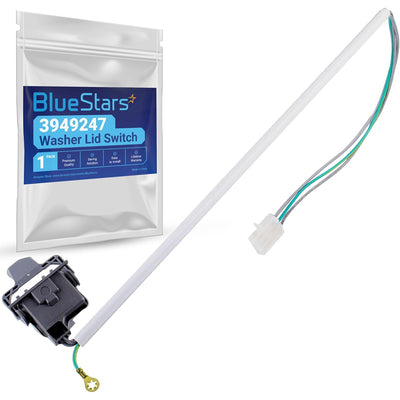 3949247 Washer Lid Switch Replacement shown with wiring harness and BlueStars package