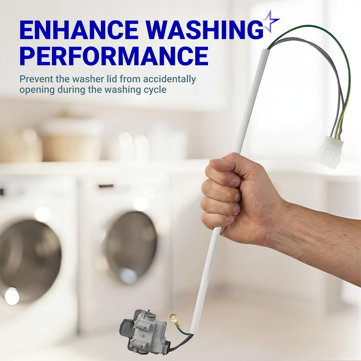 3949247 Washer Lid Switch Replacement shown held by hand with its wiring harness against washing machines