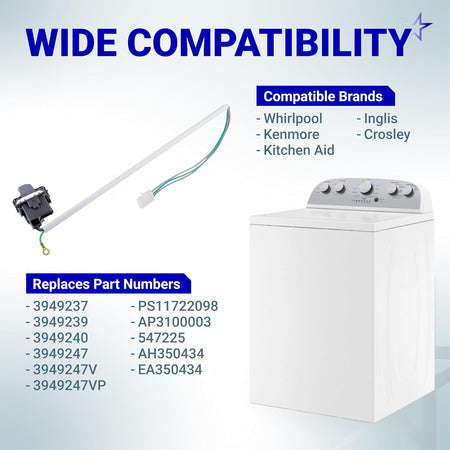 3949247 Washer Lid Switch Replacement, graphic showing the switch, washer, compatible brands, and replacement part numbers