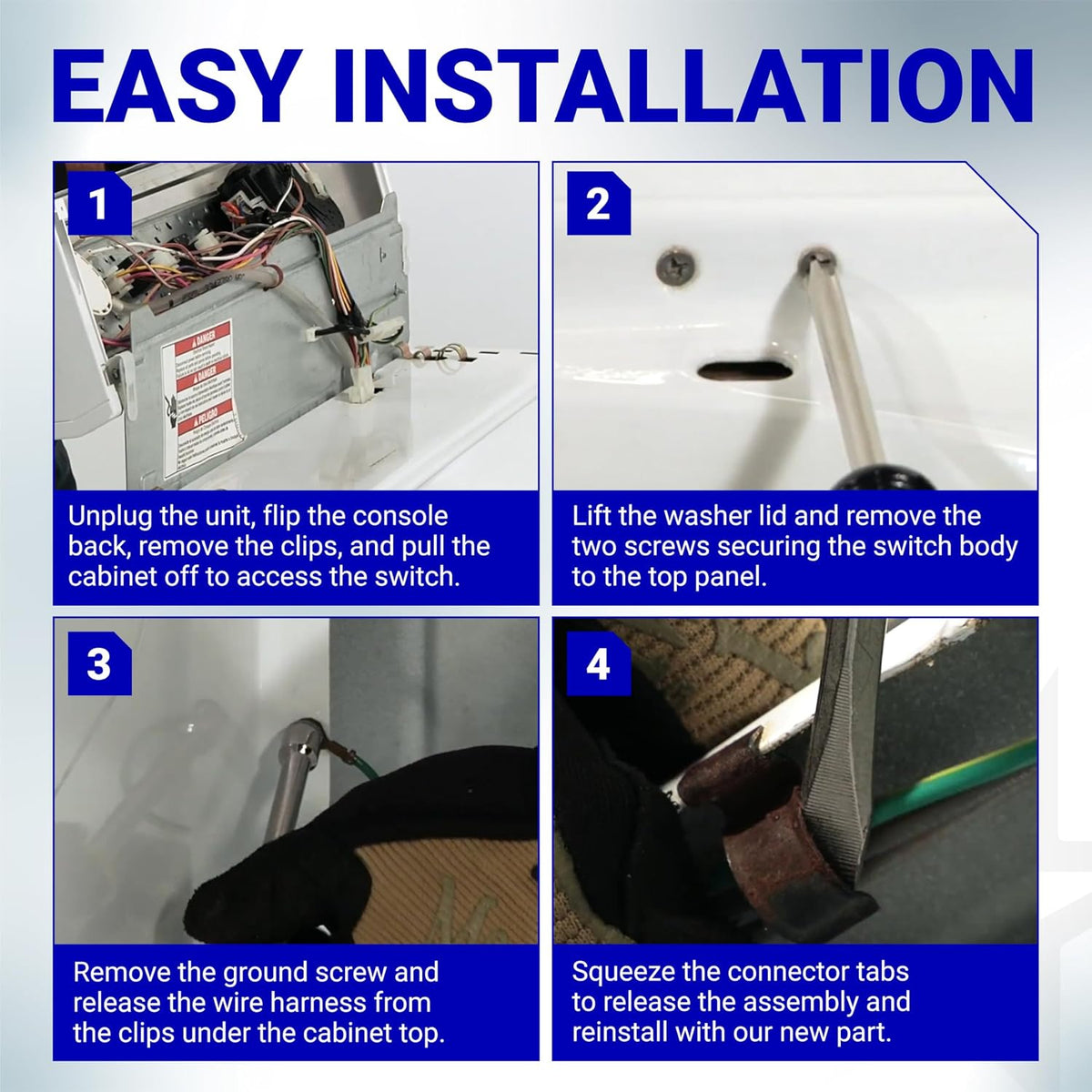 3949247 Washer Lid Switch Replacement installation steps showing access, screw removal, ground wire release, and connector re