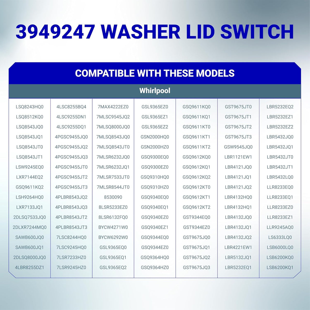 3949247 Washer Lid Switch replacement compatibility chart listing Whirlpool models