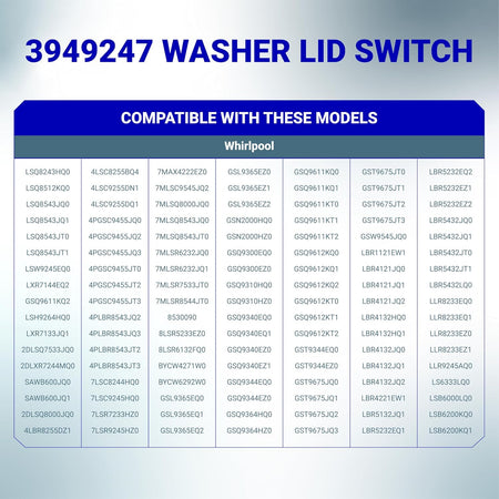 3949247 Washer Lid Switch replacement compatibility chart listing Whirlpool models
