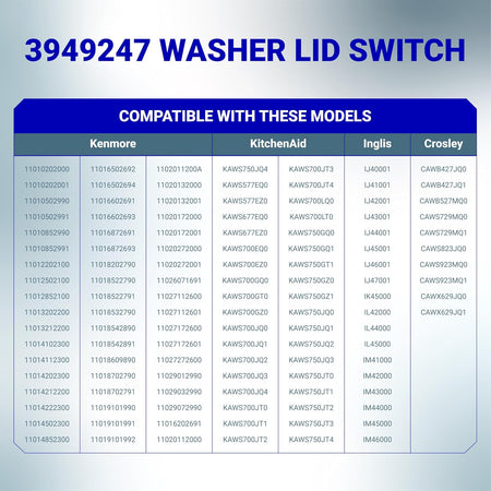 3949247 Washer lid switch compatibility chart listing Kenmore, KitchenAid, Inglis, and Crosley models