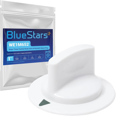 WE1M652 Dryer Timer Control Knob with Metal Ring shown beside its BlueStars package