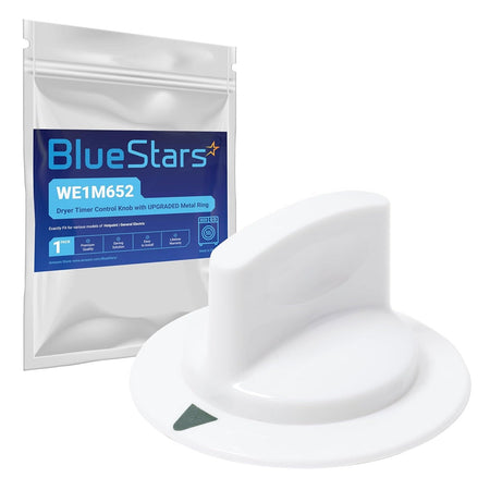 WE1M652 white dryer timer control knob with metal ring and branded packaging.