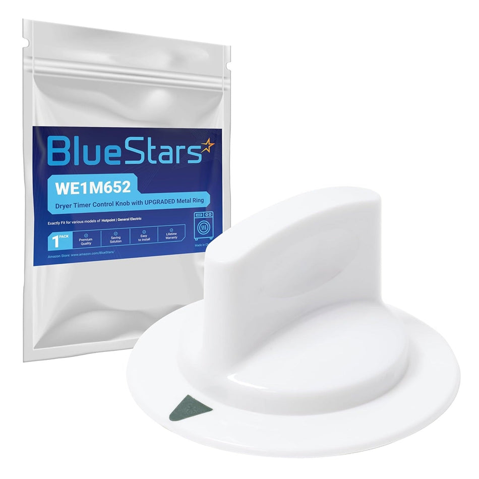 WE1M652 white dryer timer control knob with metal ring and branded packaging.