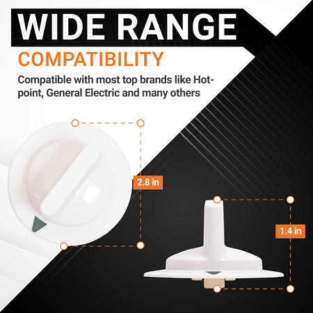 WE1M652 dryer timer control knob showing dimensions of 2.8 inches wide and 1.4 inches tall for compatibility reference.