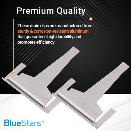 Two aluminum DA61-06796A refrigerator evaporator drain clips with text highlighting premium quality and durability.